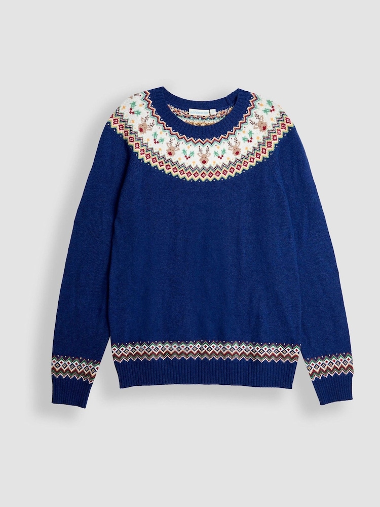 JoJo Maman Bébé Blue Men's Reindeer Fairisle Jumper - Image 1 of 3