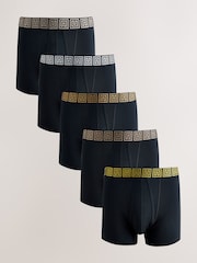 Black Metallic Pattern Waistbands 5 Pack A-Front Cotton Rich Boxers - Image 1 of 9
