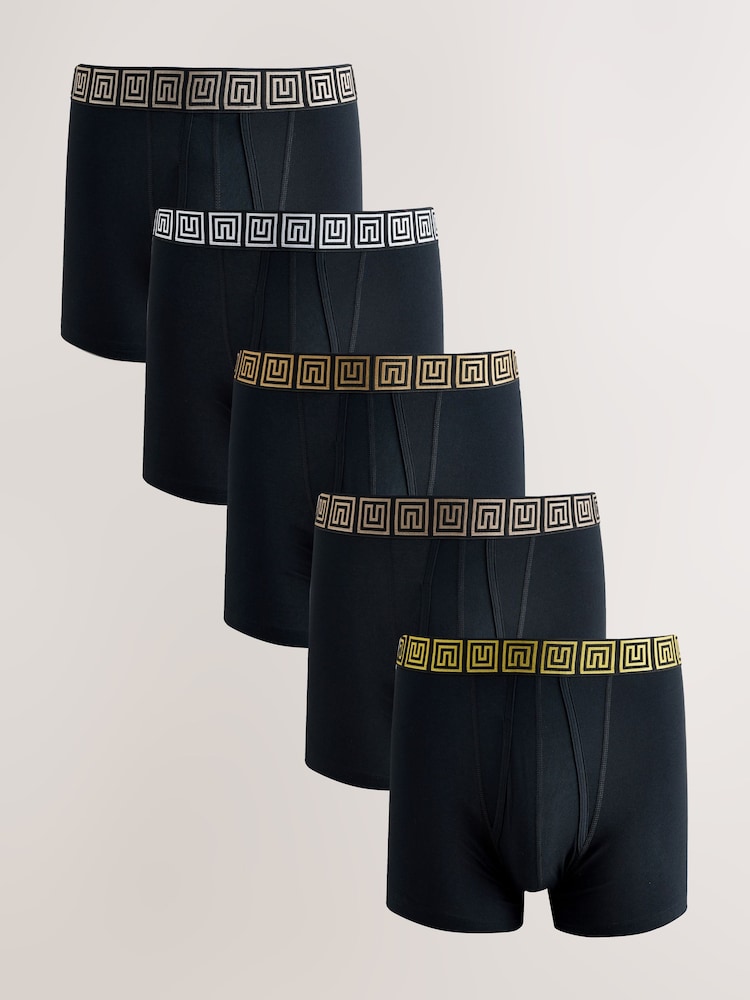 Black Metallic Pattern Waistbands 5 Pack A-Front Cotton Rich Boxers - Image 1 of 9