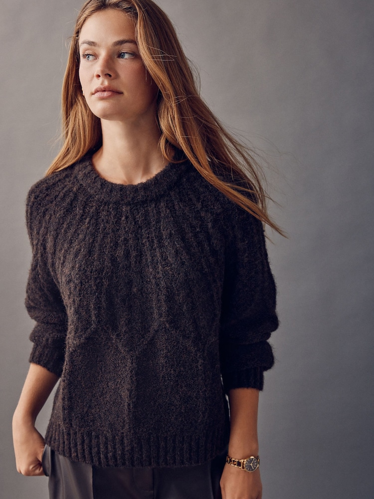 Chocolate Brown Wool Blend Cable Knit Crew Neck Jumper - Image 1 of 13
