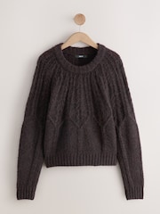 Chocolate Brown Wool Blend Cable Knit Crew Neck Jumper - Image 10 of 13