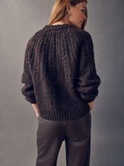 Chocolate Brown Wool Blend Cable Knit Crew Neck Jumper - Image 4 of 13