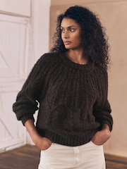 Chocolate Brown Wool Blend Cable Knit Crew Neck Jumper - Image 6 of 13