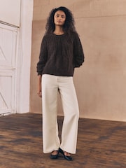 Chocolate Brown Wool Blend Cable Knit Crew Neck Jumper - Image 7 of 13