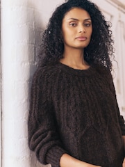 Chocolate Brown Wool Blend Cable Knit Crew Neck Jumper - Image 9 of 13