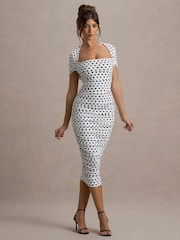 Club L London White Paxos Polka Dot Ruched Short Sleeve Midi Dress - Image 1 of 6