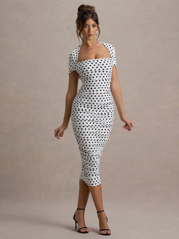 Club L London White Paxos Polka Dot Ruched Short Sleeve Midi Dress - Image 1 of 6