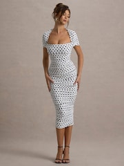 Club L London White Paxos Polka Dot Ruched Short Sleeve Midi Dress - Image 4 of 6