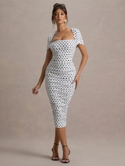 Club L London White Paxos Polka Dot Ruched Short Sleeve Midi Dress - Image 6 of 6