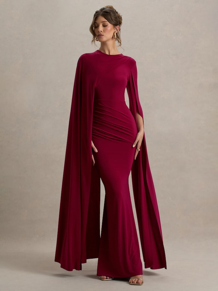 Club L London Red Magdelena Asymmetric Cape Maxi Dress - Image 1 of 6
