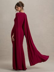 Club L London Red Magdelena Asymmetric Cape Maxi Dress - Image 2 of 6