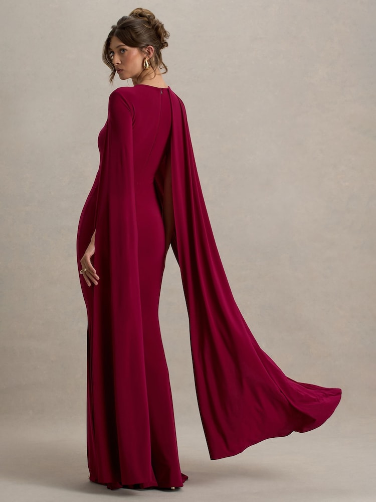 Club L London Red Magdelena Asymmetric Cape Maxi Dress - Image 2 of 6