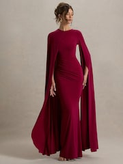 Club L London Red Magdelena Asymmetric Cape Maxi Dress - Image 3 of 6