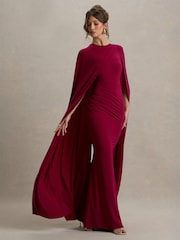 Club L London Red Magdelena Asymmetric Cape Maxi Dress - Image 4 of 6