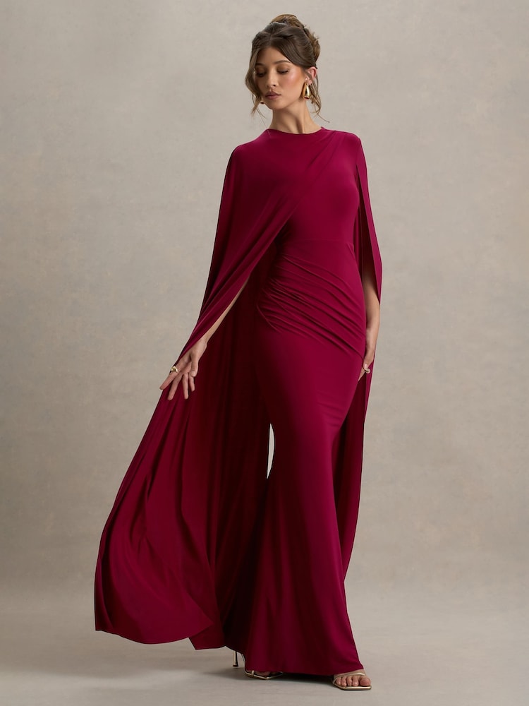 Club L London Red Magdelena Asymmetric Cape Maxi Dress - Image 4 of 6