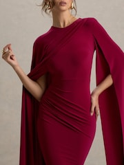 Club L London Red Magdelena Asymmetric Cape Maxi Dress - Image 5 of 6