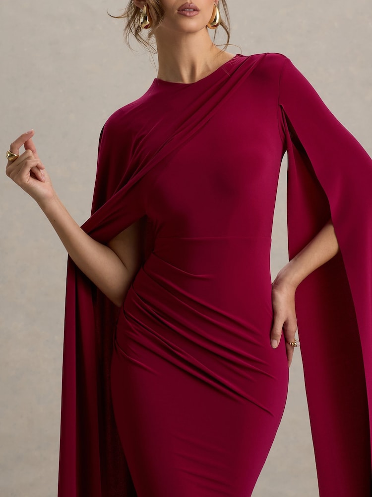 Club L London Red Magdelena Asymmetric Cape Maxi Dress - Image 5 of 6