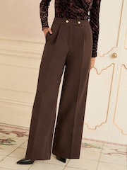 Love & Roses Chocolate Brown Wide Button Leg Trousers - Image 1 of 4