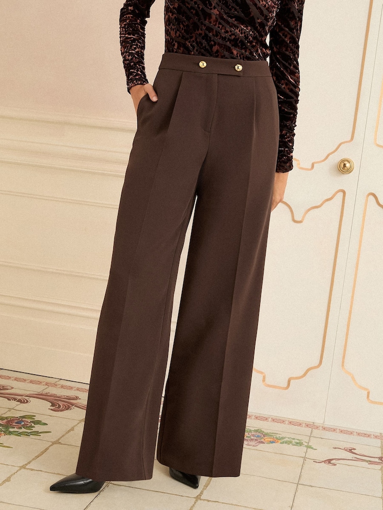 Love & Roses Chocolate Brown Wide Button Leg Trousers - Image 1 of 4