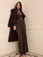 Love & Roses Chocolate Brown Wide Button Leg Trousers - Image 3 of 4