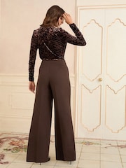 Love & Roses Chocolate Brown Wide Button Leg Trousers - Image 4 of 4