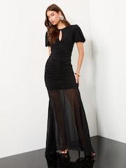 Lipsy Black Slinky Mesh Ruched Keyhole Maxi Dress - Image 1 of 4