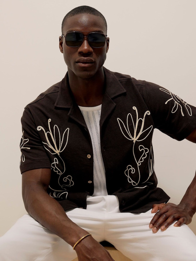 River Island Brown Regular Fit Floral Rope Shirt - Image 1 of 4 River Island Brown Regular Fit Floral Rope Shirt - Image 1 of 4