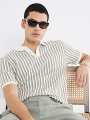 River Island Cream Regular Fit Stripe Crochet Polo Shirt - Image 1 of 4