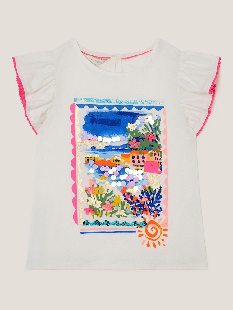 Monsoon White Resort Scene Embellished 100% Cotton T-Shirt - Image 1 of 3