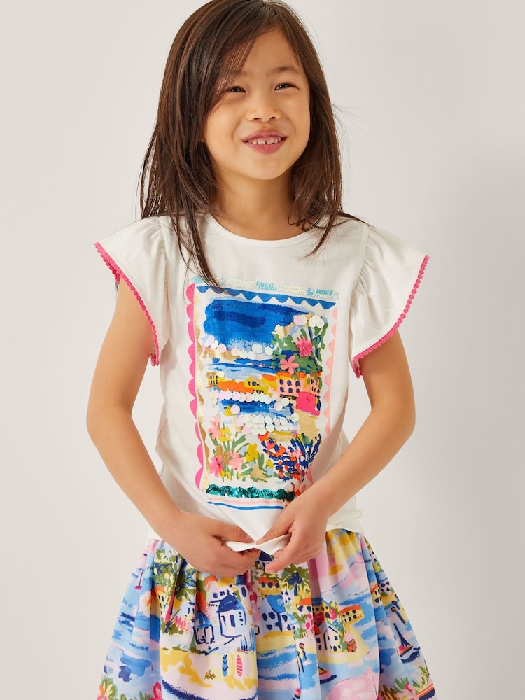 Monsoon White Resort Scene Embellished 100% Cotton T-Shirt - Image 1 of 5 Monsoon White Resort Scene Embellished 100% Cotton T-Shirt - Image 1 of 5