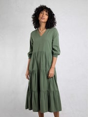 Weird Fish Grey Margo Seersucker Tiered Midi Dress - Image 1 of 2