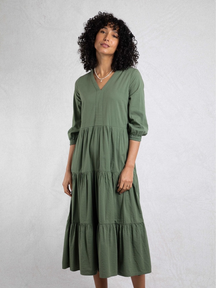 Weird Fish Grey Margo Seersucker Tiered Midi Dress - Image 1 of 2