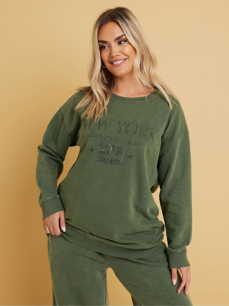 Yours Curve Green New York Slogan Sweatshirt - Image 2 of 5