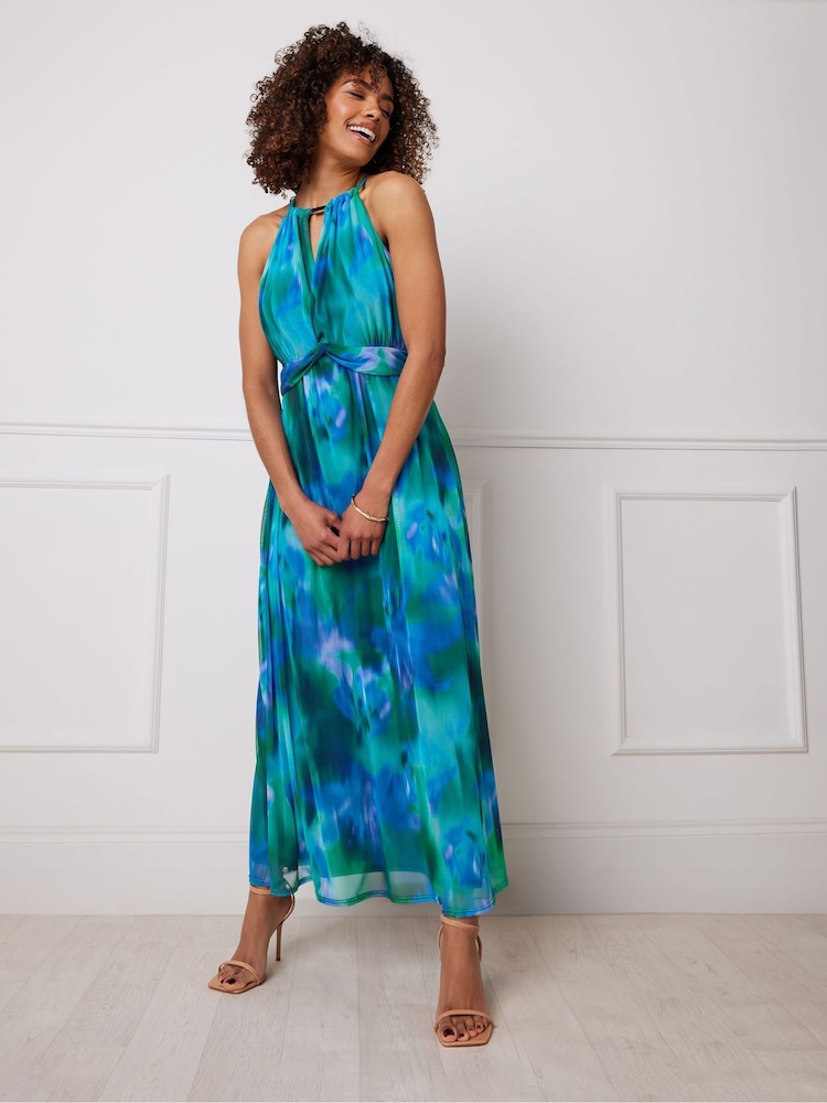M&Co Blue Mesh Halter Maxi Dress - Image 1 of 6