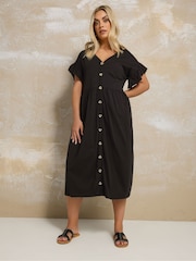 Yours Curve Black Frill Sleeve Button Peplum Dress - Image 1 of 5