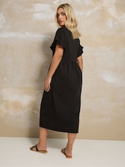 Yours Curve Black Frill Sleeve Button Peplum Dress - Image 2 of 5