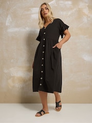 Yours Curve Black Frill Sleeve Button Peplum Dress - Image 3 of 5