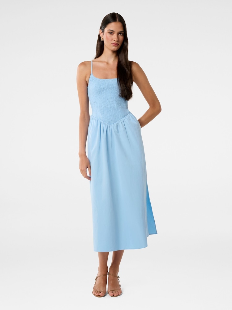Forever New Blue Dylan Shirred 100% Cotton Midi Dress - Image 1 of 4