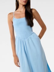 Forever New Blue Dylan Shirred 100% Cotton Midi Dress - Image 3 of 4
