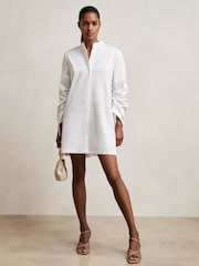 Reiss Ivory Grazi Cotton Gathered Cut-Out Shirt Dress with Stretch - Image 1 of 6