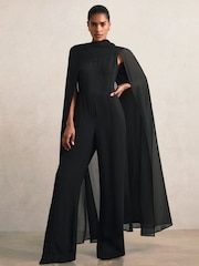 أسود - Reiss Farley Wide-Leg Cape Jumpsuit - صورة 1 من 6