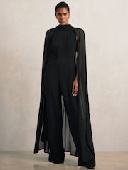 أسود - Reiss Farley Wide-Leg Cape Jumpsuit - صورة 3 من 6