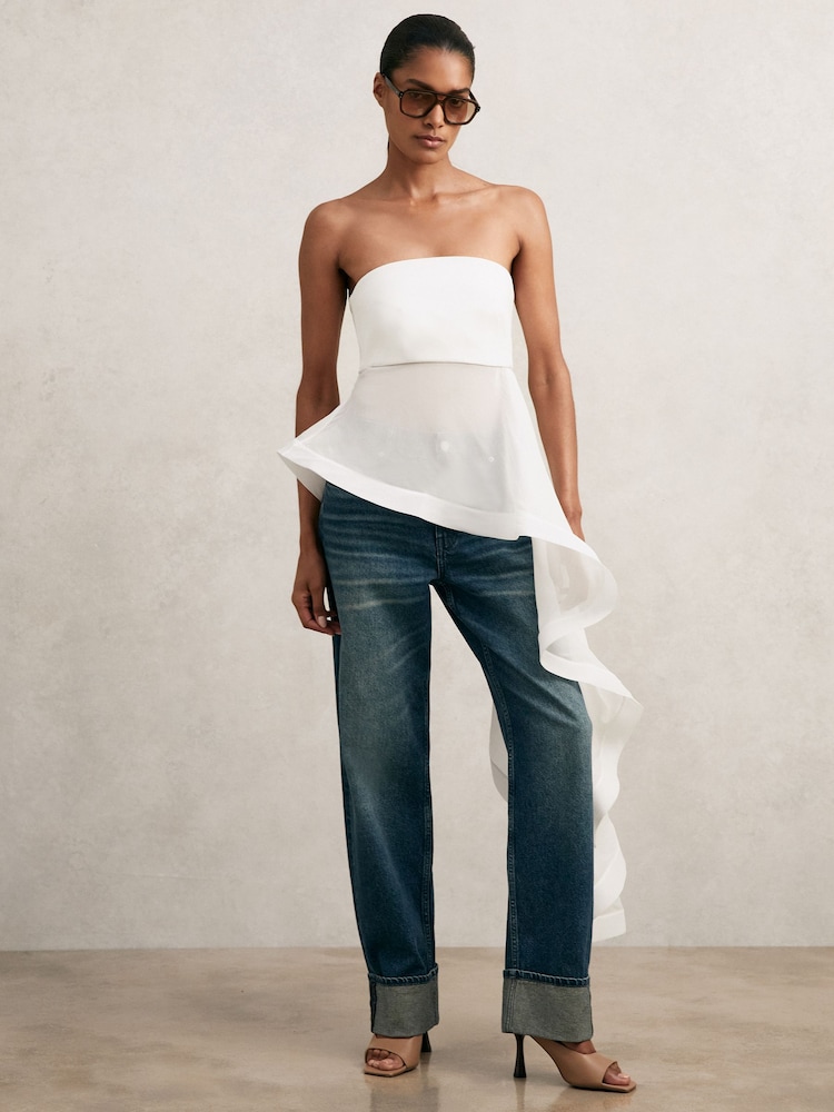 bandeau ruffle asymmetric hem midi dress in ivory Cleosa Asymmetrical Midi Dress main image 1