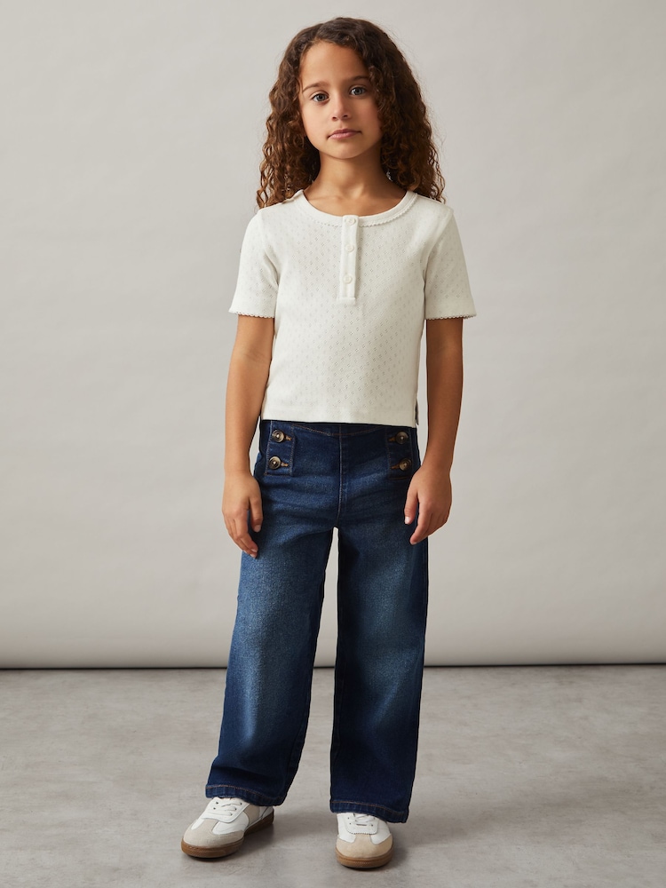 Reiss Ivory Margot Cotton Pointelle Button T-Shirt - Image 1 of 4