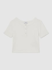 Reiss Ivory Margot Cotton Pointelle Button T-Shirt - Image 2 of 4