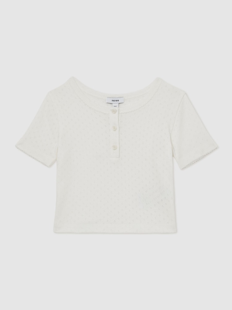 Reiss Ivory Margot Cotton Pointelle Button T-Shirt - Image 2 of 4