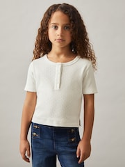 Reiss Ivory Margot Cotton Pointelle Button T-Shirt - Image 3 of 4