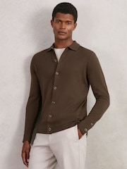 Reiss Chocolate Brown Forbes Merino Wool Button-Through Cardigan - Image 1 of 6