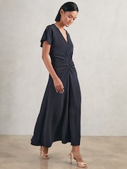 Reiss Navy Rowe Ruched-Front Midi Dress - Image 1 of 7