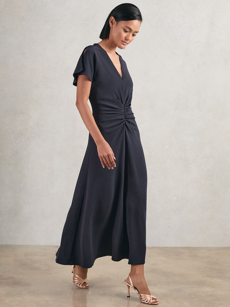 Reiss Navy Rowe Ruched-Front Midi Dress - Image 1 of 7